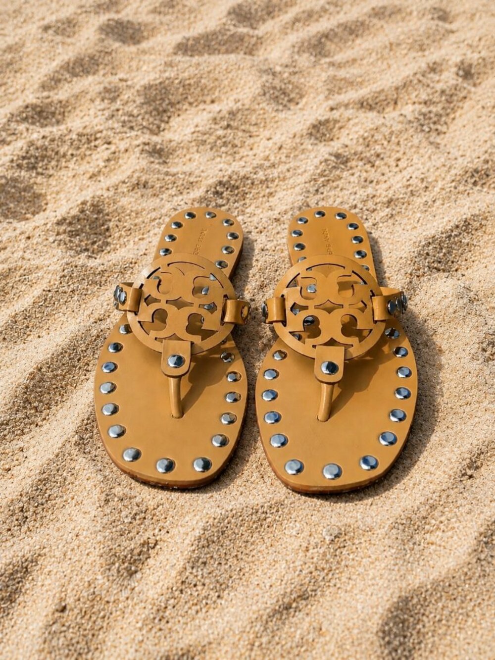 EUC Tory Burch Miller Studded Leather Flat Sandals in Cantucci/Silver